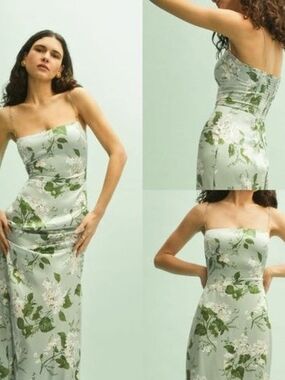 Strapless Mint Green Floral Satin Dress